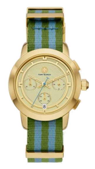 Tory Burch The Tory Chronograph White Dial Two Tone NATO Strap Watch for Women - TBW1037