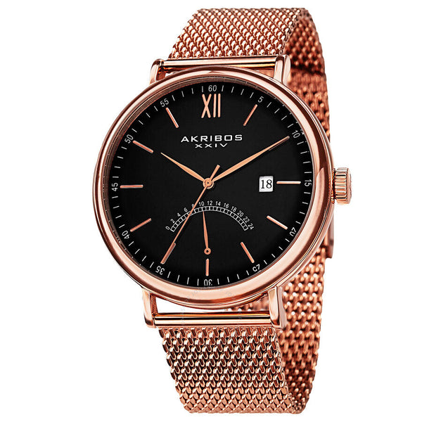 Akribos XXIV Black Dial Rose Gold-tone Mesh Men's Watch AK731RG - The Watches Men & Co