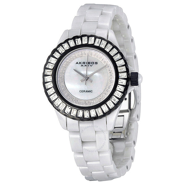 Akribos XXIV Ceramic White Mother of Pearl Dial Ladies Watch AK518BKW - The Watches Men & Co