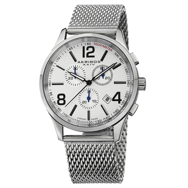 Akribos XXIV Chronograph Silver Dial Stainless Steel Mesh Men's Watch AK719SS - The Watches Men & Co