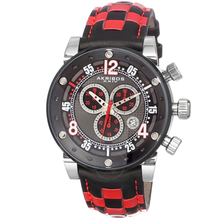Akribos XXIV Explorer Chronograph Black Dial Checkered Leather Men's Watch AK612RD - The Watches Men & Co
