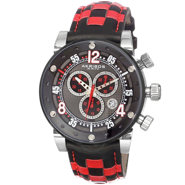 Akribos XXIV Explorer Chronograph Black Dial Checkered Leather Men's Watch AK612RD - The Watches Men & Co