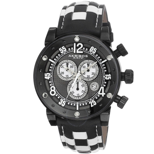 Akribos XXIV Explorer Chronograph Steel Black and White Checkered Leather Strap Watch AK612BK - The Watches Men & Co