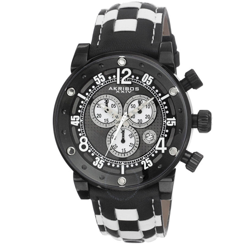 Akribos XXIV Explorer Chronograph Steel Black and White Checkered Leather Strap Watch AK612BK - The Watches Men & Co