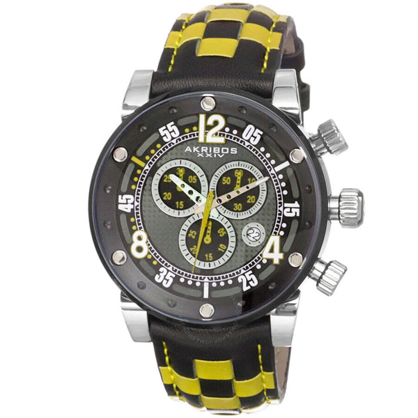 Akribos XXIV Explorer Chronograph Steel Black and White Checkered Leather Strap Watch AK612YL - The Watches Men & Co