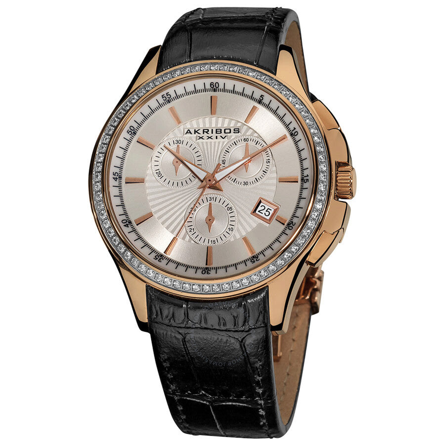 Akribos XXIV Grandiose Crystal Chronograph Rose Gold-tone Steel Black Leather Strap Men's Watch AK615RG - The Watches Men & Co