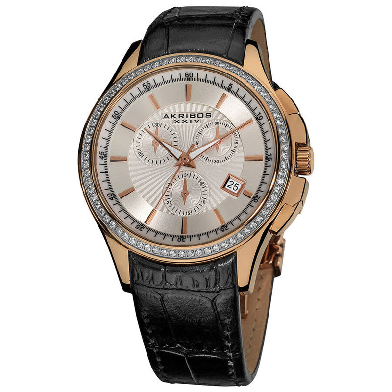 Akribos XXIV Grandiose Crystal Chronograph Rose Gold-tone Steel Black Leather Strap Men's Watch AK615RG - The Watches Men & Co
