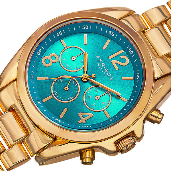 Akribos XXIV Multi-Function Blue Dial Yellow Gold-tone Ladies Watch AK760YGTQ - The Watches Men & Co #2