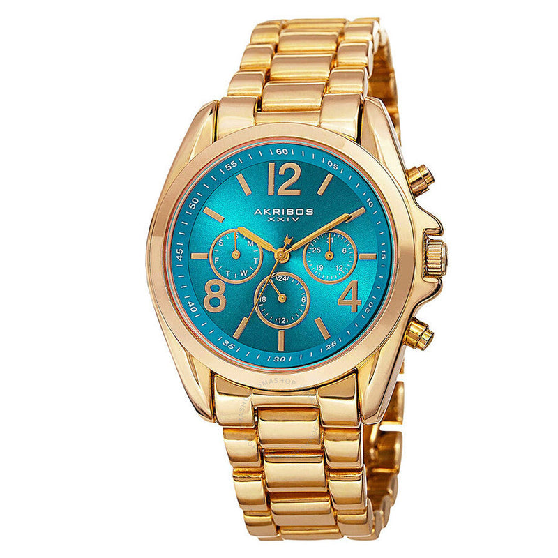 Akribos XXIV Multi-Function Blue Dial Yellow Gold-tone Ladies Watch AK760YGTQ - The Watches Men & Co
