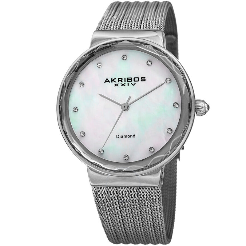 Akribos XXIV Quartz Diamond White Mother of Pearl Dial Ladies Watch AK1009SS - The Watches Men & Co