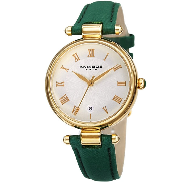Akribos XXIV Quartz White Dial Green Leather Ladies Watch AK1070GN - The Watches Men & Co