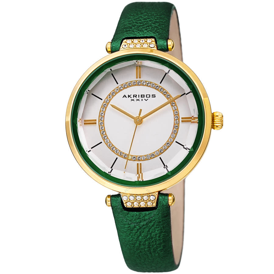 Akribos XXIV Quartz White Dial Green Leather Ladies Watch AK1116GN - The Watches Men & Co