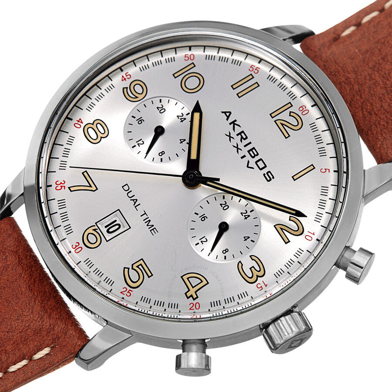 Akribos XXIV Silver Dial Dual Time Men's Watch AK1023SSBR - The Watches Men & Co #2