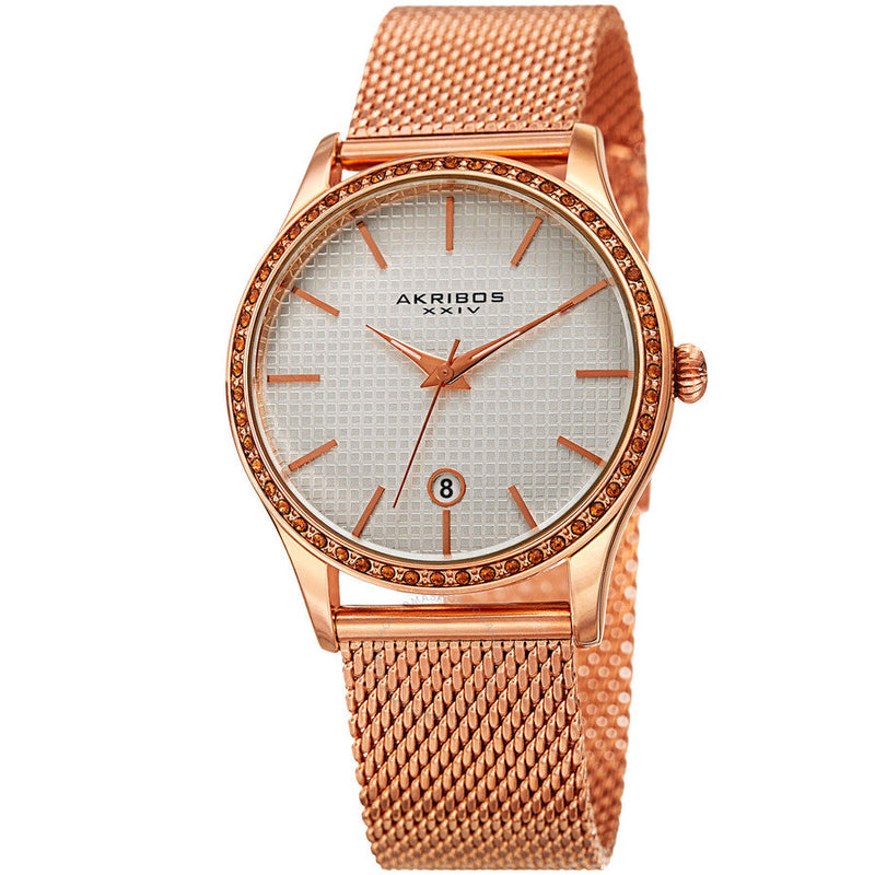 Akribos XXIV White Square-Textured Ladies Rose Gold Tone Watch AK967RG - The Watches Men & Co