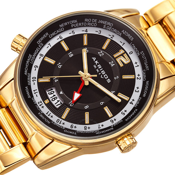 Akribos XXIV World Time Quartz Black Dial Men's Watch AK1021YGB - The Watches Men & Co #2