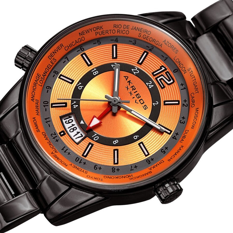 Akribos XXIV World Time Quartz Orange Dial Men's Watch AK1021GNOR - The Watches Men & Co #2