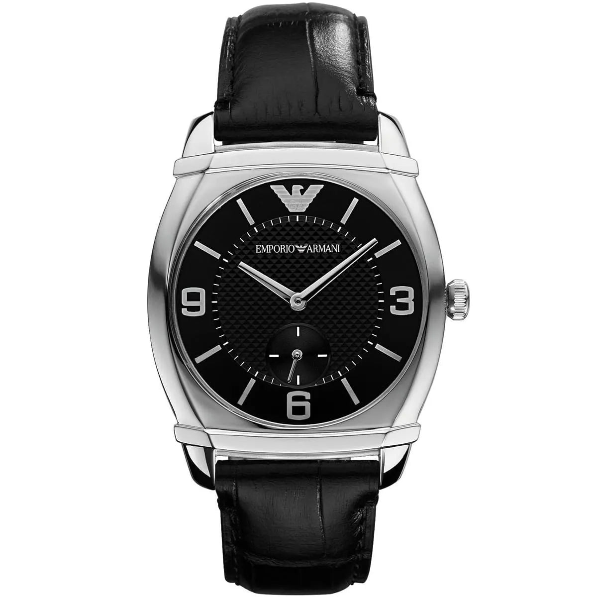 Emporio Armani Carmelo women's watch with black dial, stainless steel case, and black leather strap