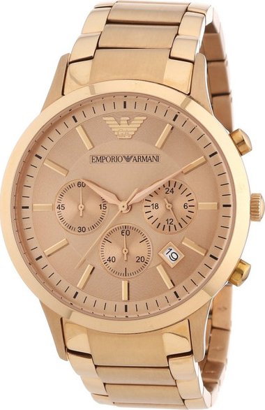 Emporio Armani AR0365 rose gold chronograph watch front view with subdials and date window