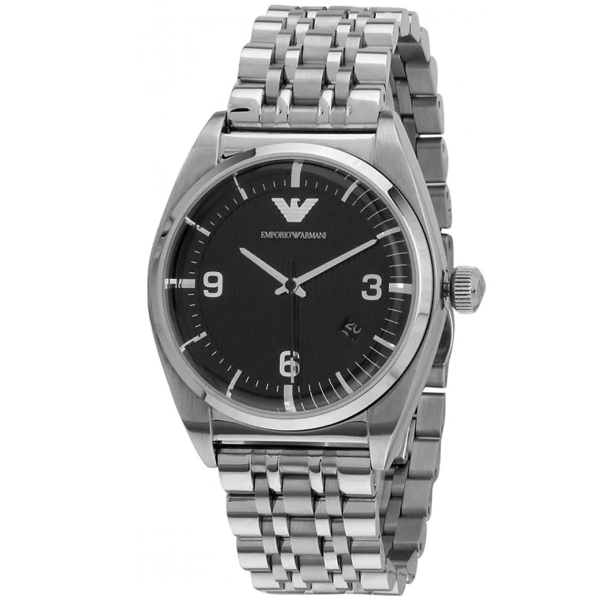 Emporio Armani AR0369 watch at angle showing black dial and silver metal strap