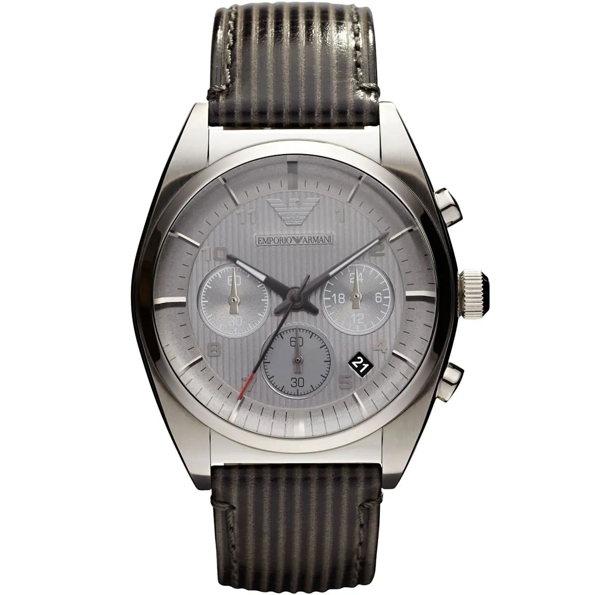 Emporio Armani Franco Large chronograph watch with gray dial, steel case, and gray leather strap