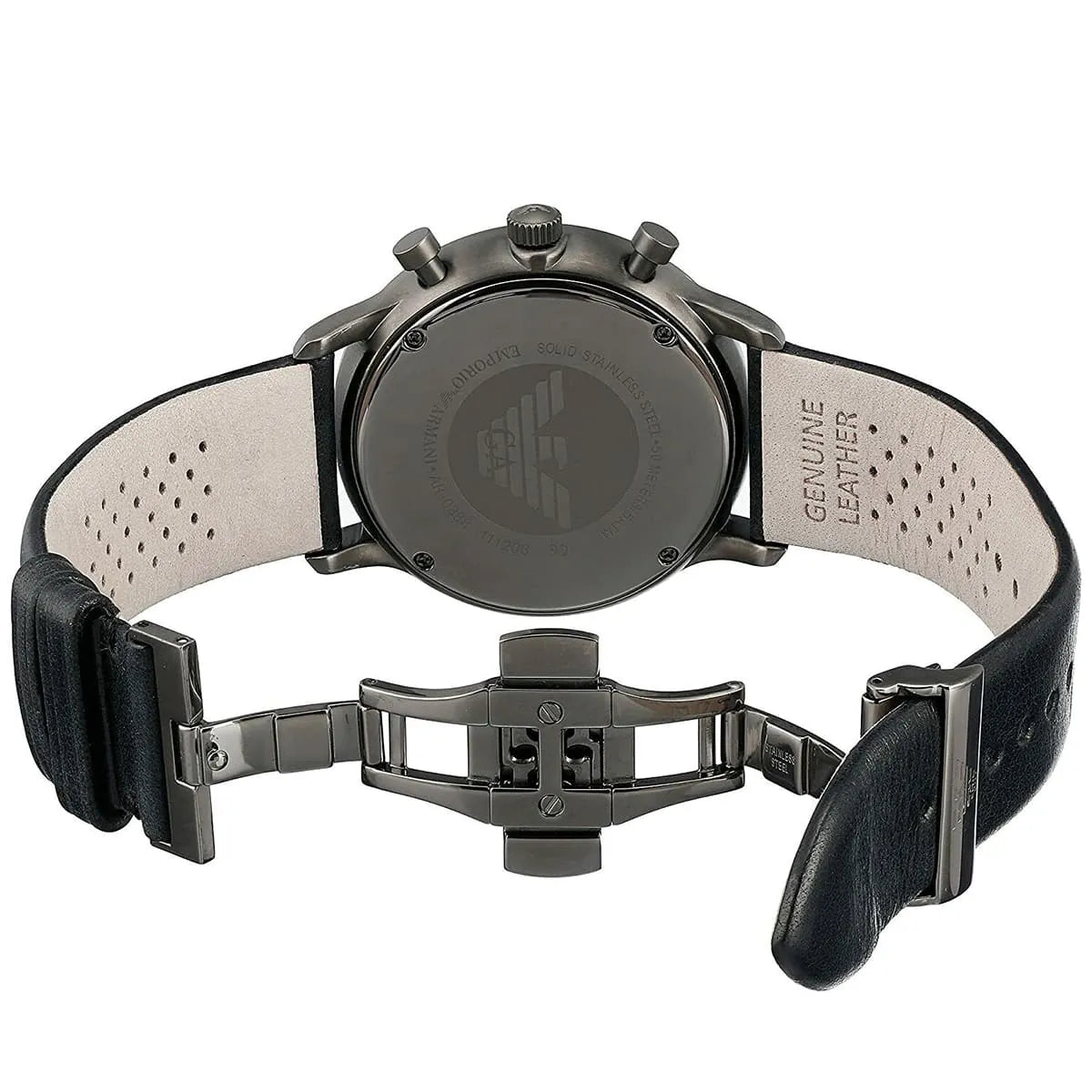 Caseback detail of AR0388 with metal case and black leather strap sections