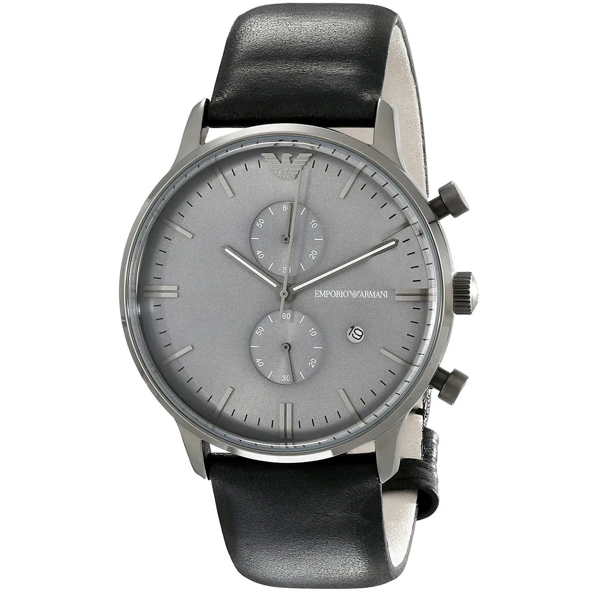 Emporio Armani AR0388 men's chronograph watch with grey dial and black leather strap