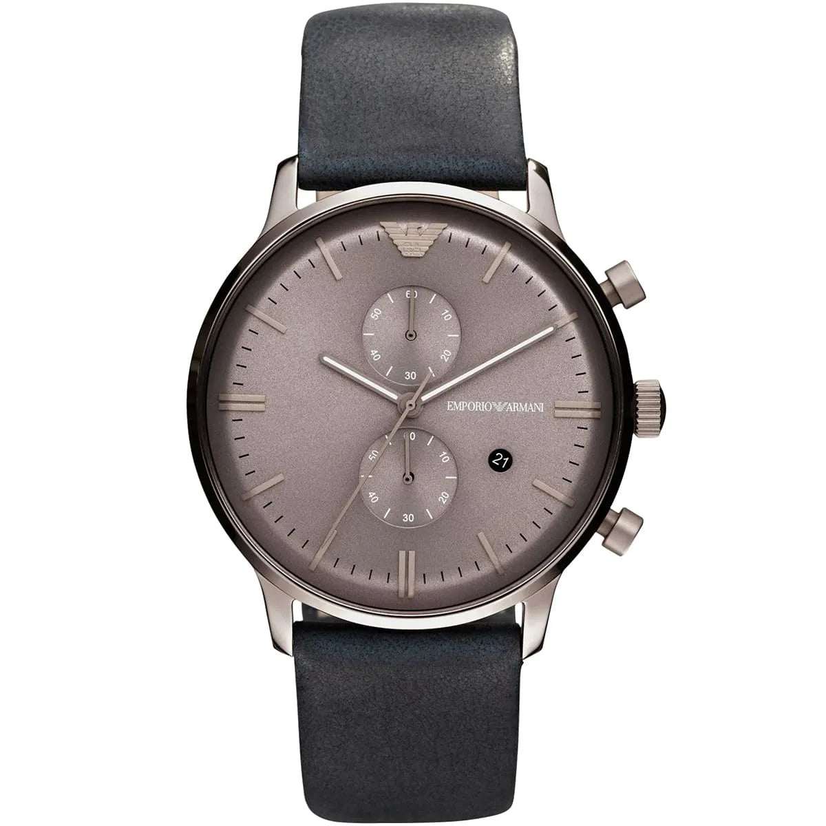 Front view of AR0388 chronograph with grey sunburst dial and black leather strap