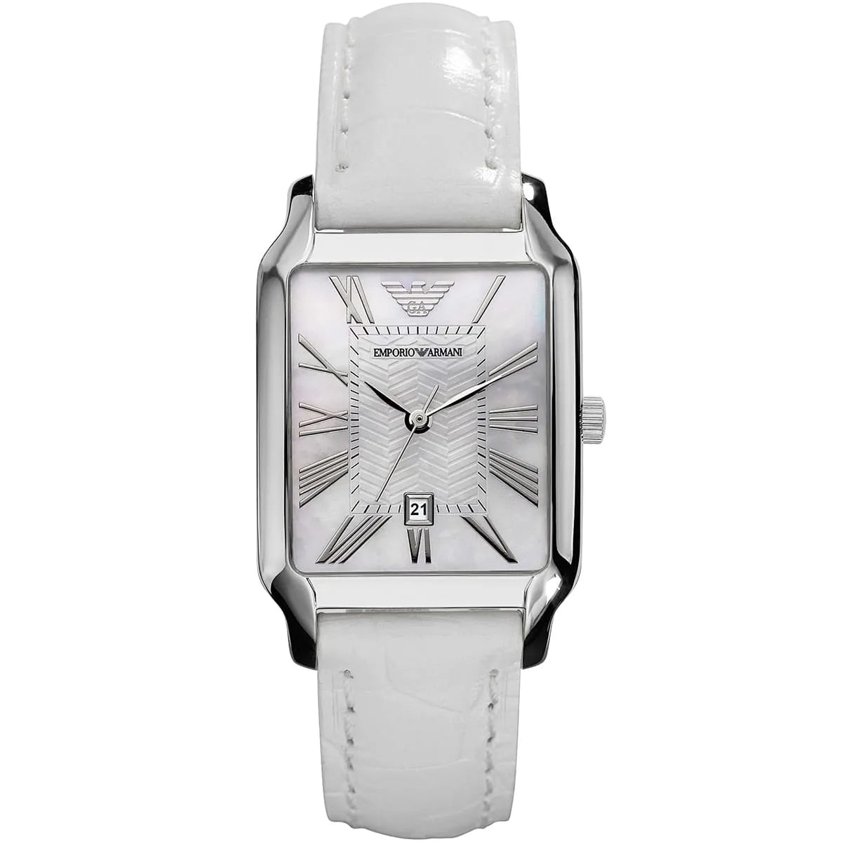 Emporio Armani AR0420 square women's watch with white mother-of-pearl dial and white leather strap