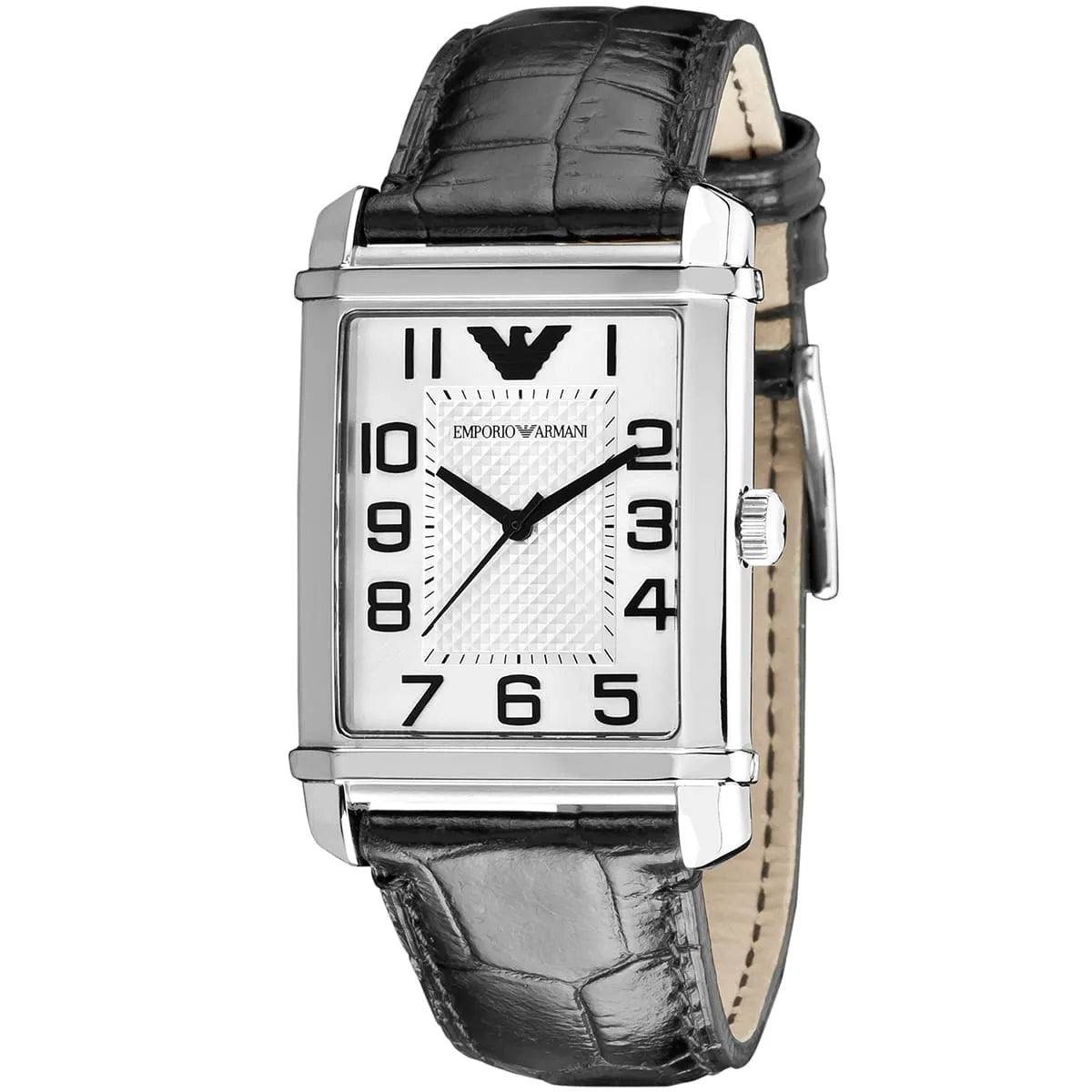 Emporio Armani Marco rectangular watch with silver dial and black leather strap, side angle