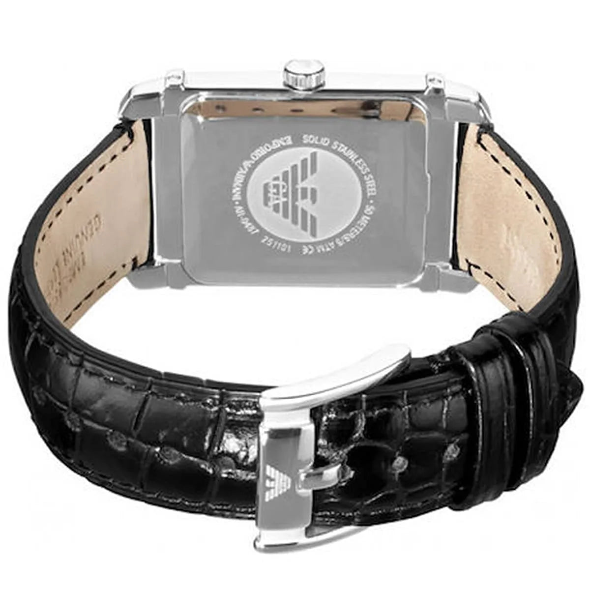 Emporio Armani Marco caseback showing stainless steel construction and branding details