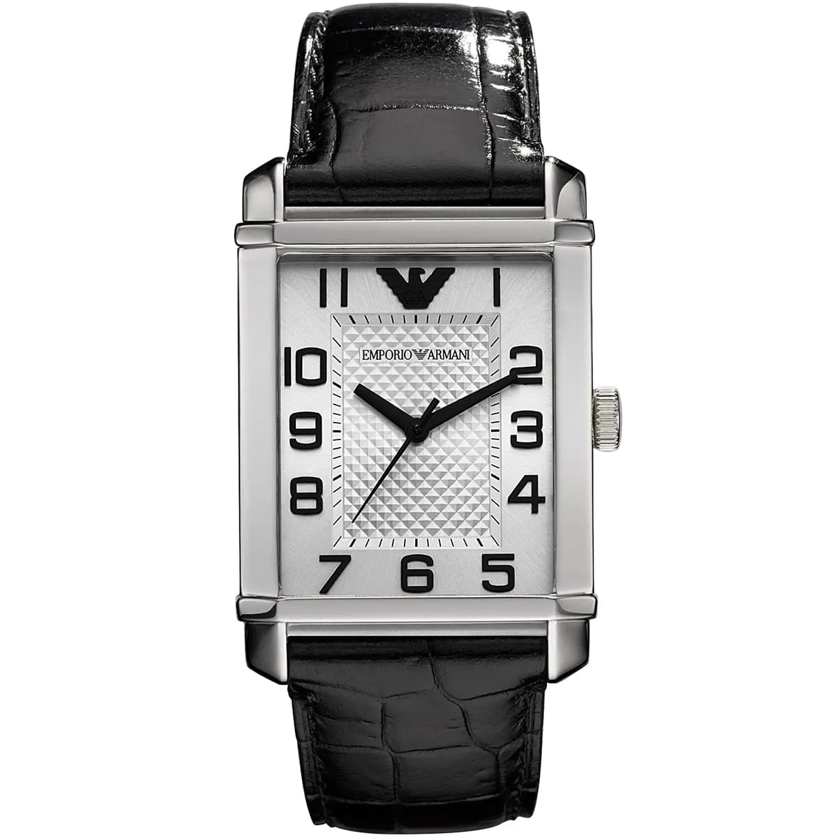 Emporio Armani Marco men's watch with square silver dial, black Arabic numerals, and black leather strap
