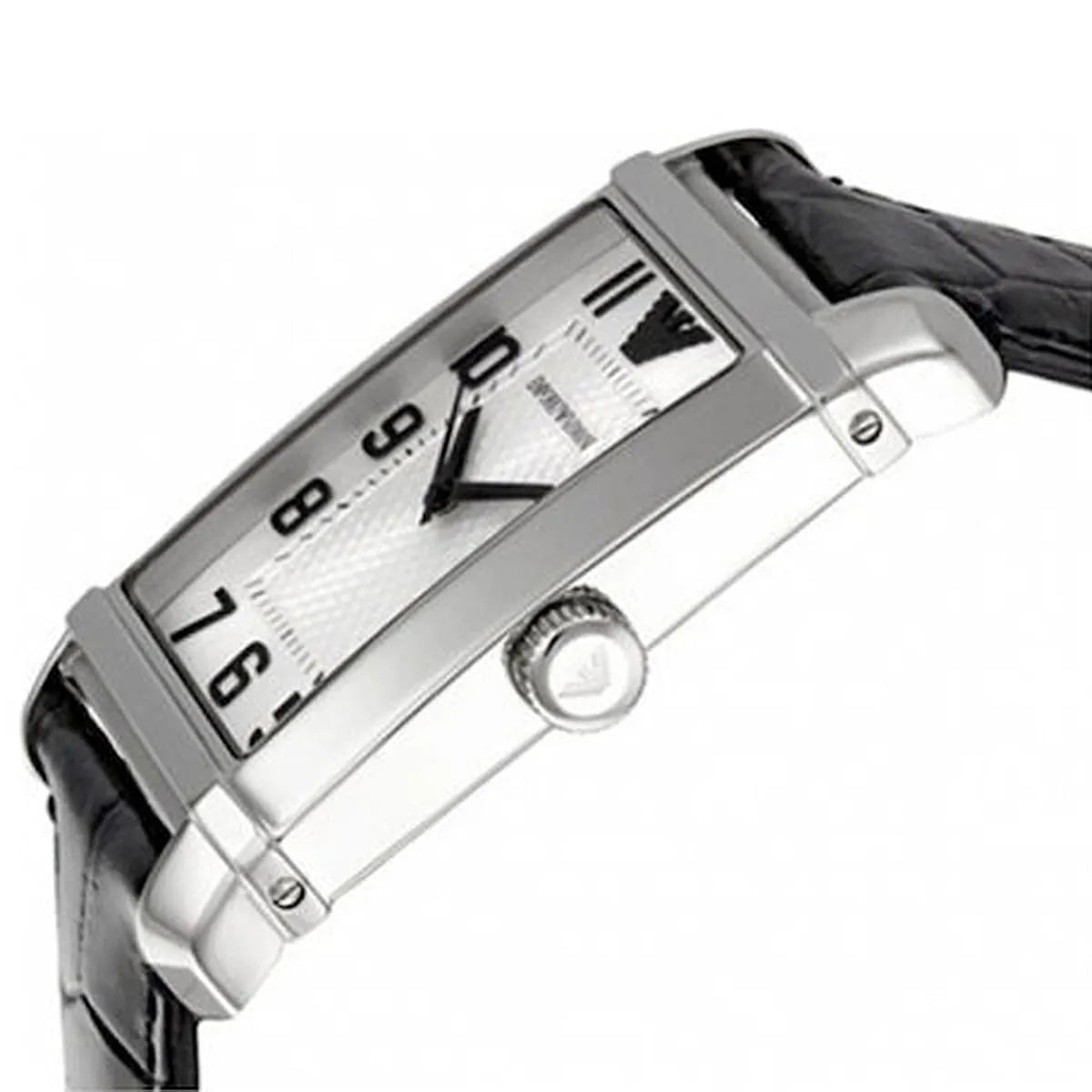 Emporio Armani Marco watch showing rectangular case profile with silver dial and black strap
