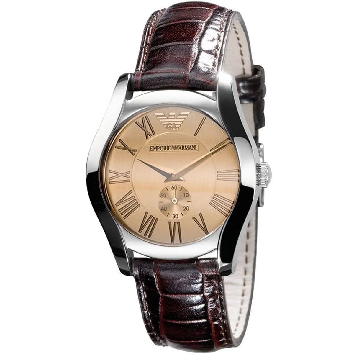 Emporio Armani AR0646 three-quarter angle view showing beige dial with subdial and brown crocodile leather strap