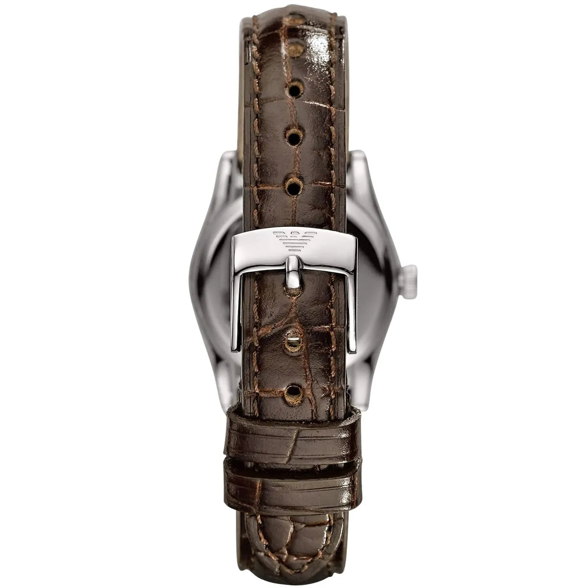 Emporio Armani AR0646 watch caseback showing stainless steel case, brown crocodile leather strap with buckle