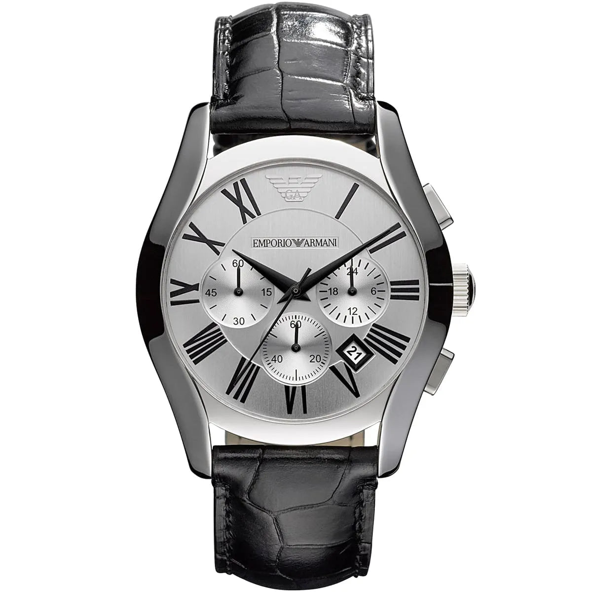 Emporio Armani AR0669 chronograph watch with silver dial and black leather strap