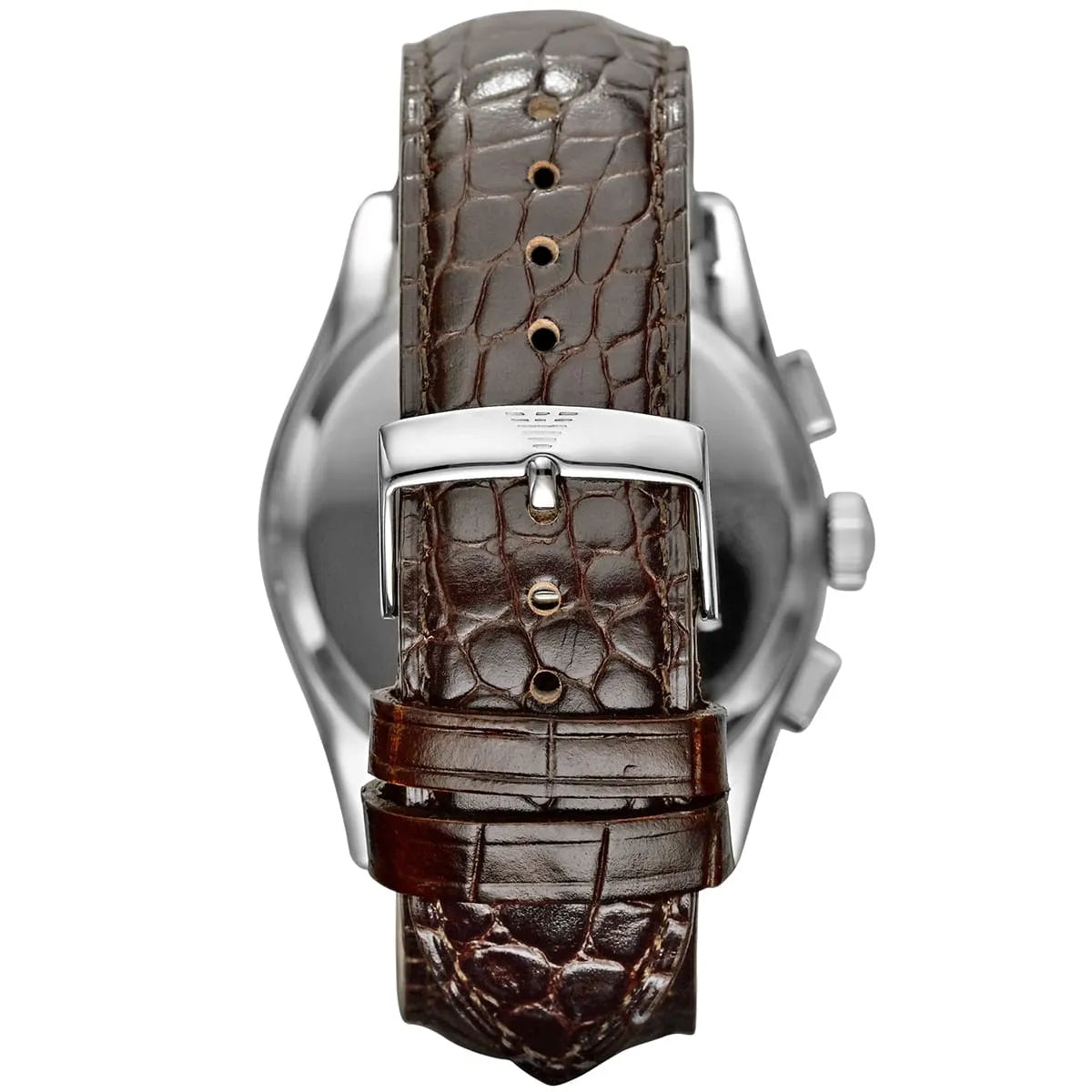 Emporio Armani AR0671 watch caseback view with brown croc-pattern leather strap