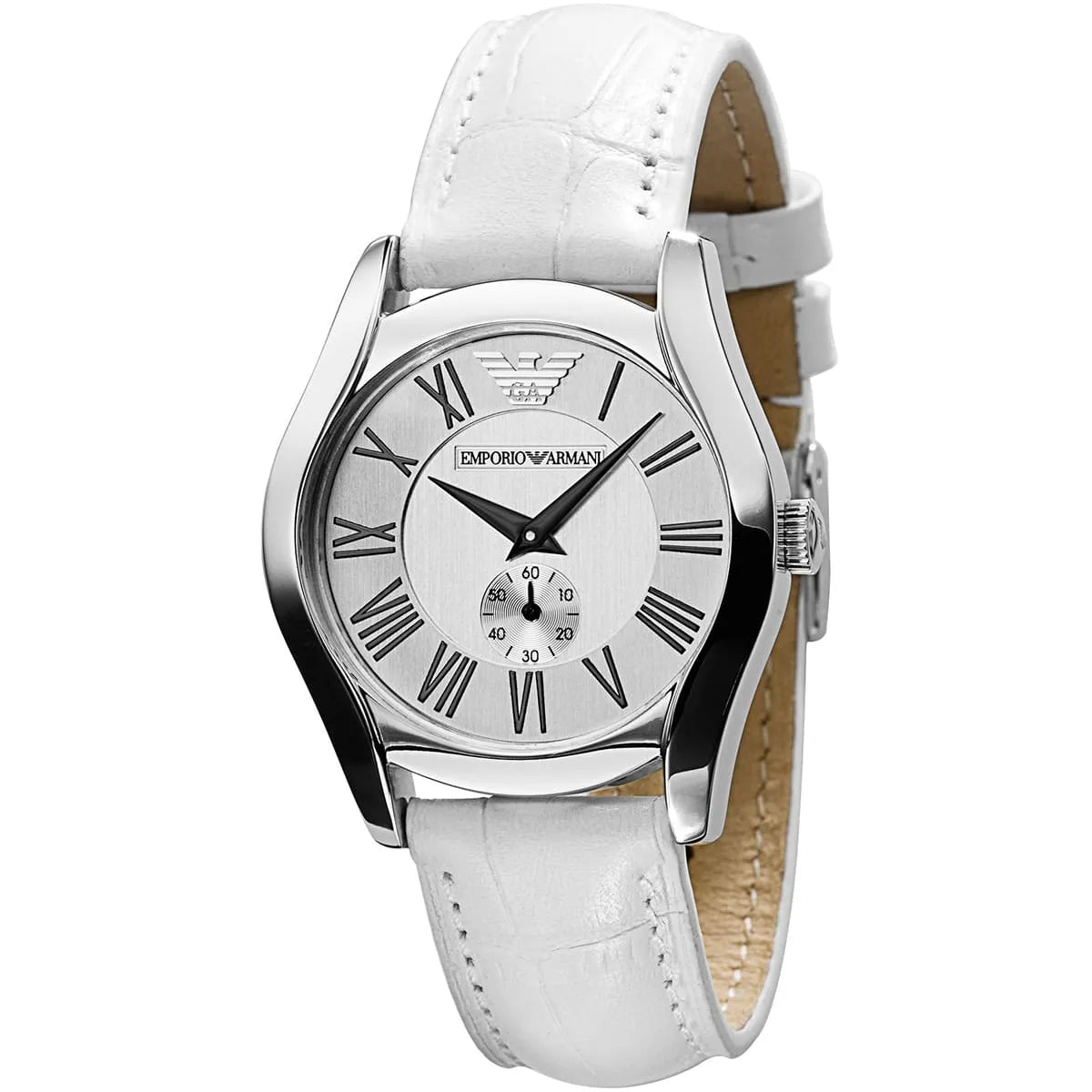 Emporio Armani AR0697 women's watch with silver dial, Roman numerals, and white leather strap