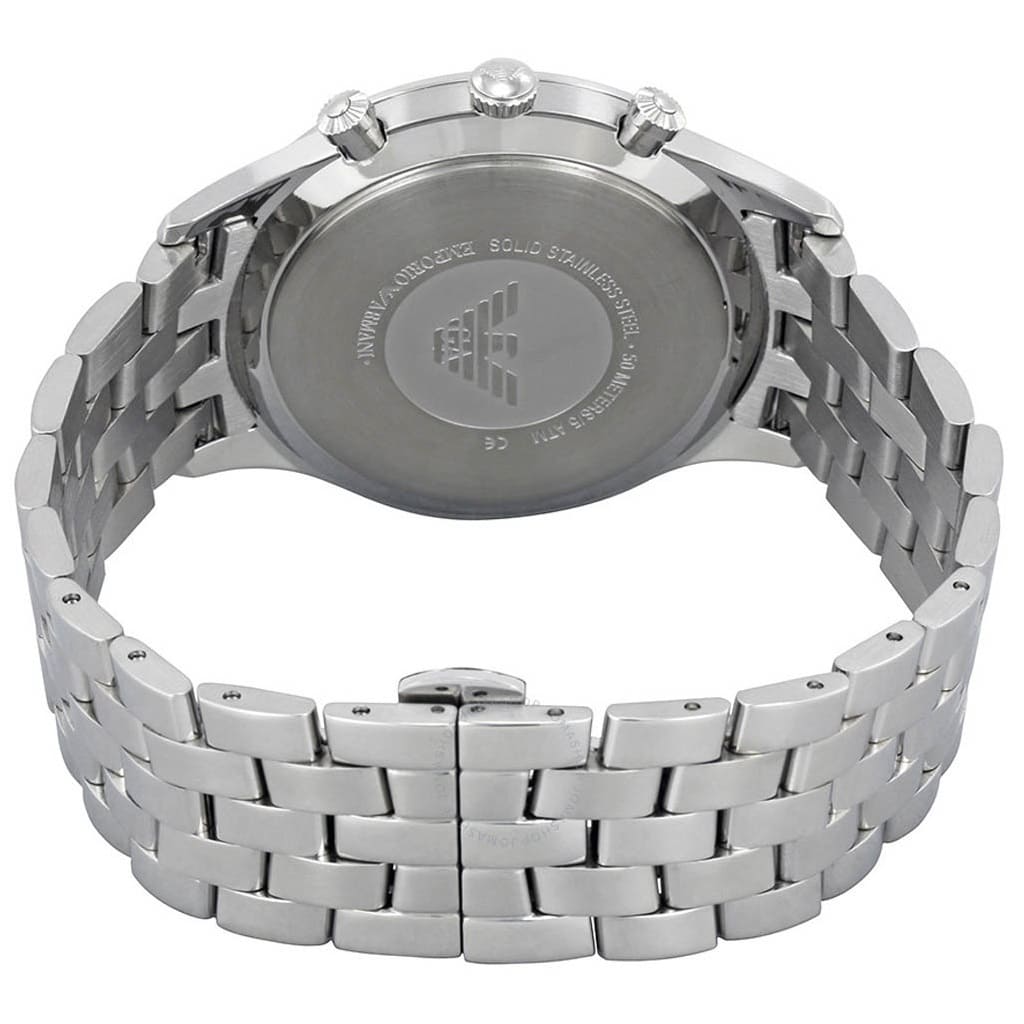 Caseback of Emporio Armani AR11017 watch with eagle logo and stainless steel bracelet