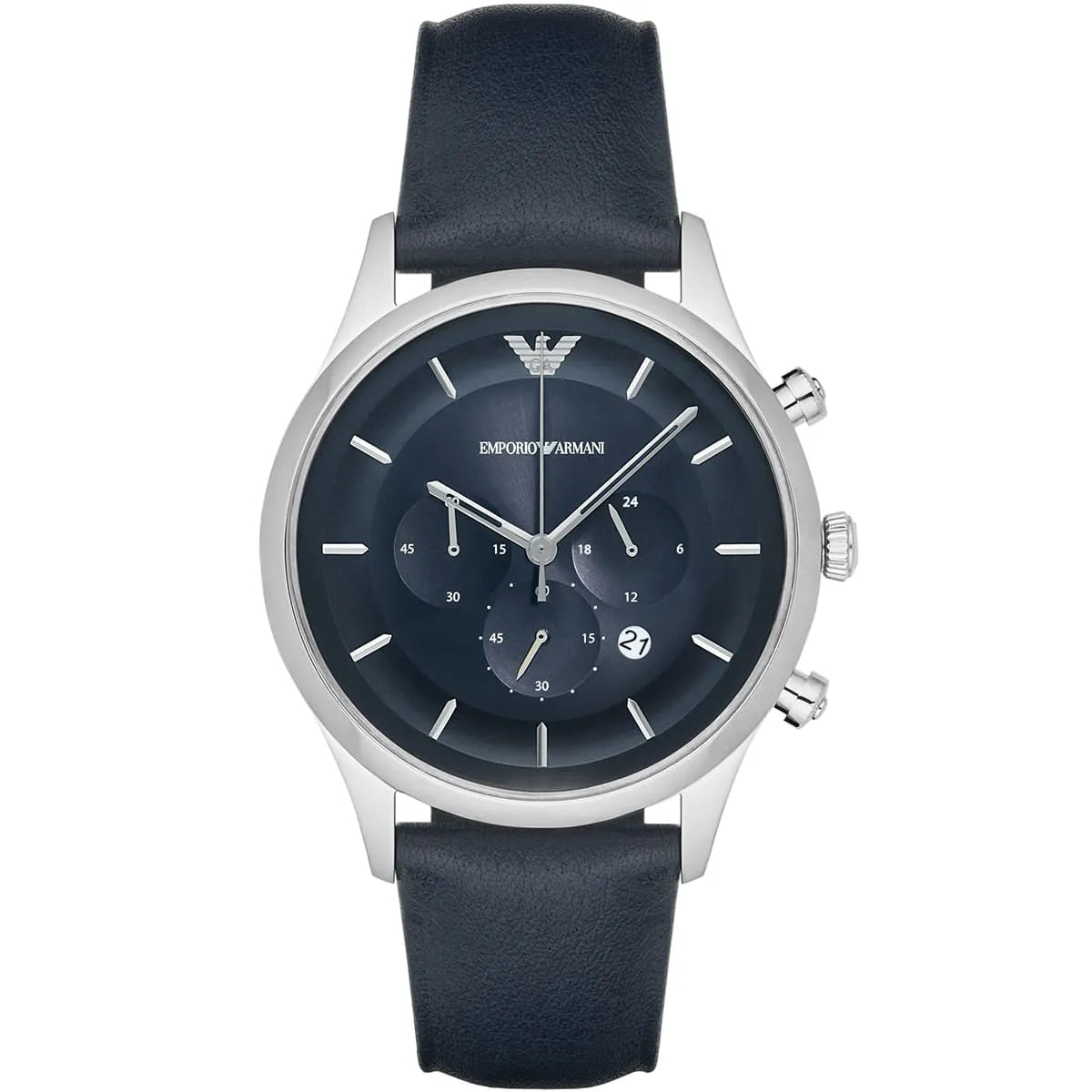 Emporio Armani AR11018 men's chronograph watch with blue dial and black leather strap