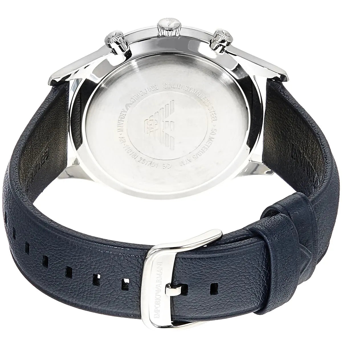Emporio Armani AR11018 leather strap detail showing black leather band with silver buckle