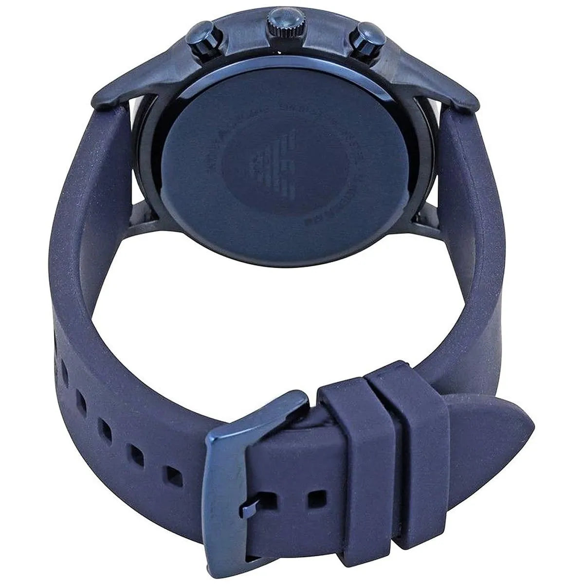 Emporio Armani Renato AR11026 caseback and blue silicone strap detail view