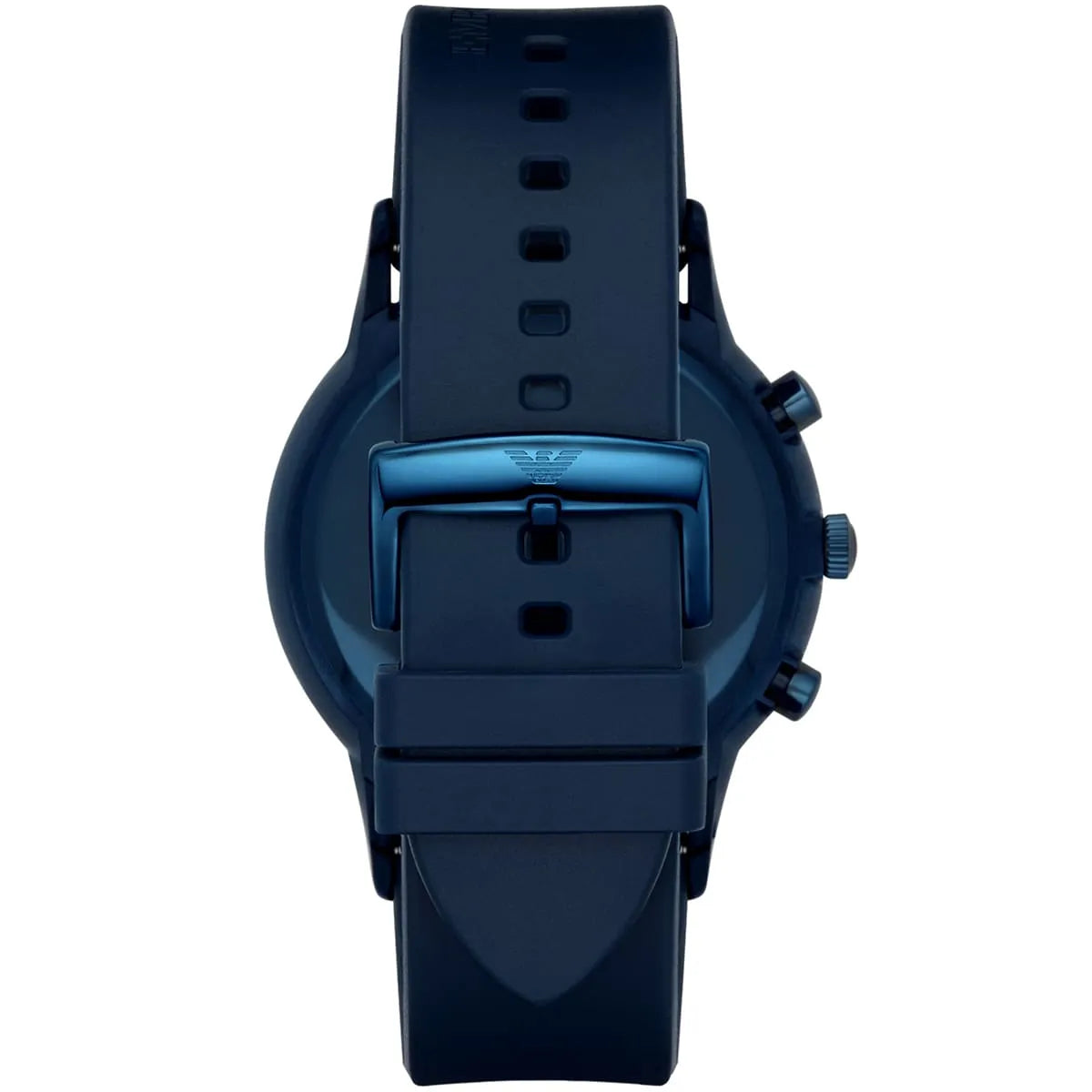 Emporio Armani Renato AR11026 watch case back with blue silicone strap