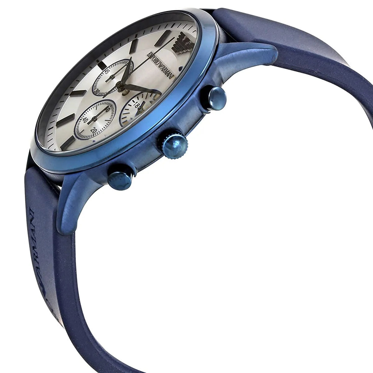 Emporio Armani Renato AR11026 side view showing blue case, silver dial, and chronograph pushers
