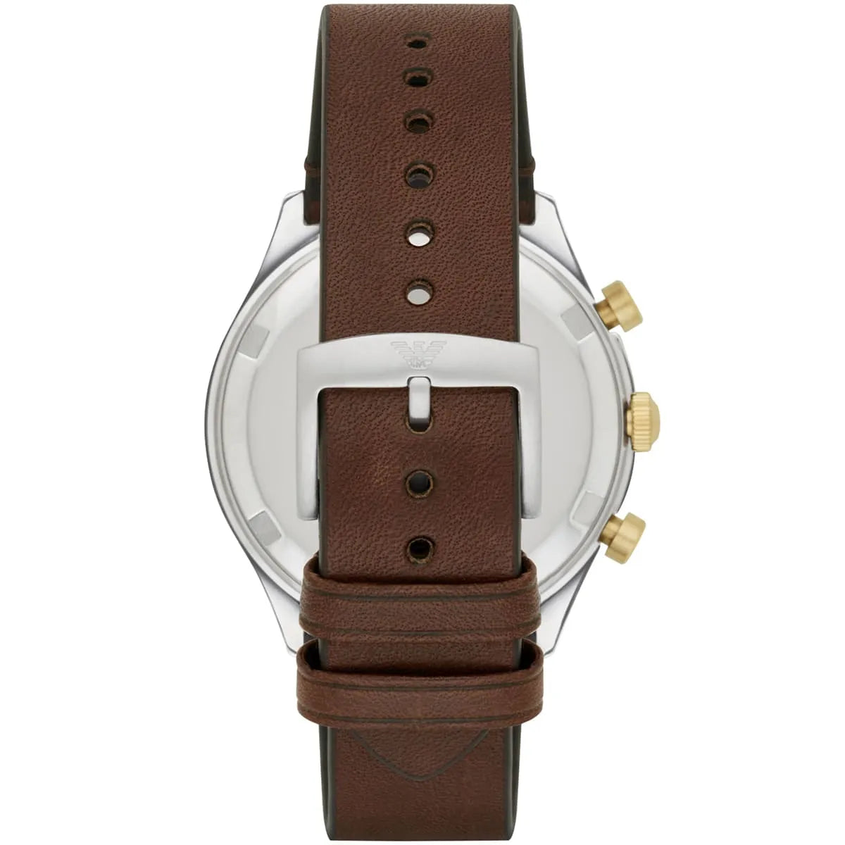 Caseback view of Emporio Armani AR11033 watch with brown leather strap and buckle