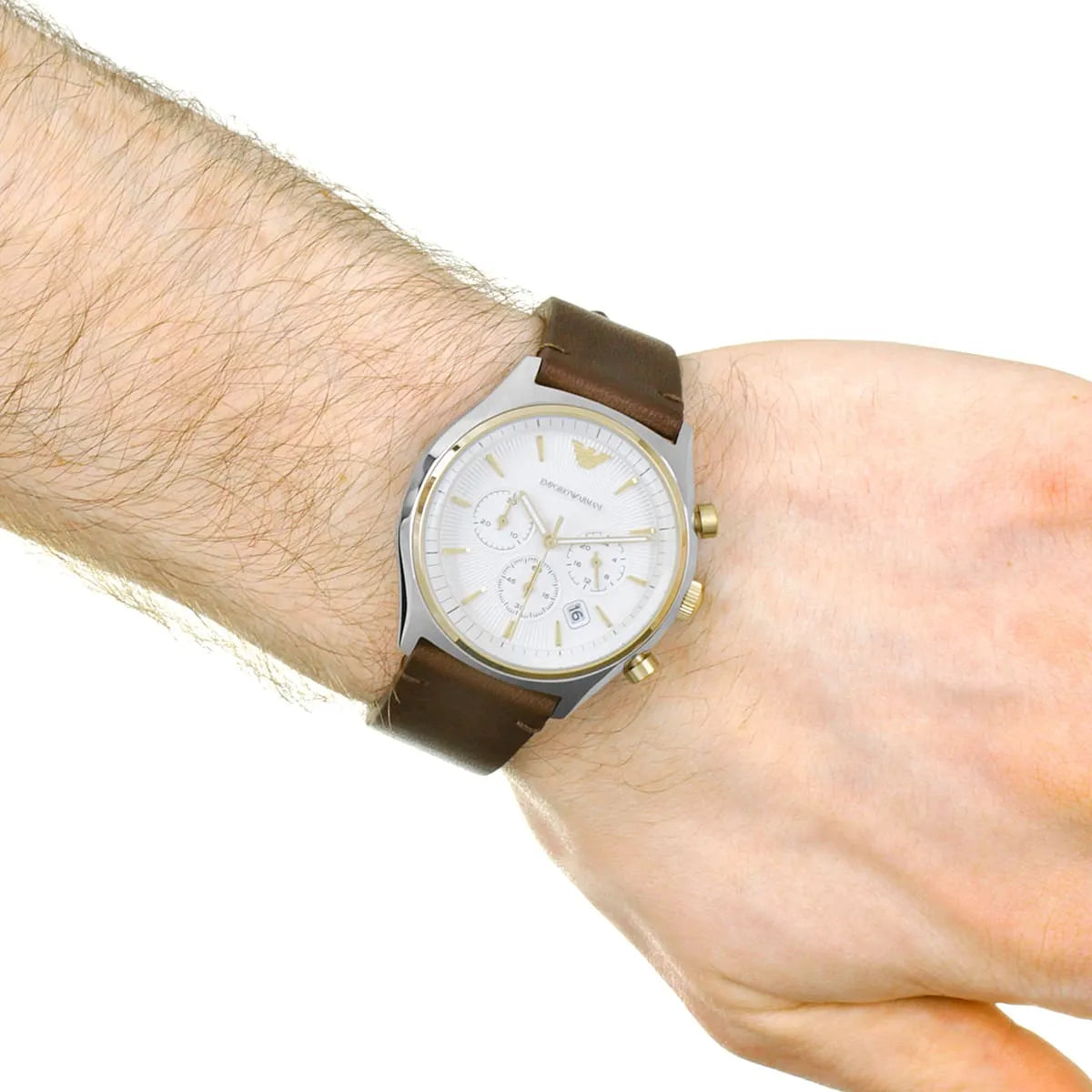 Emporio Armani AR11033 chronograph worn on wrist showing white dial and brown leather strap