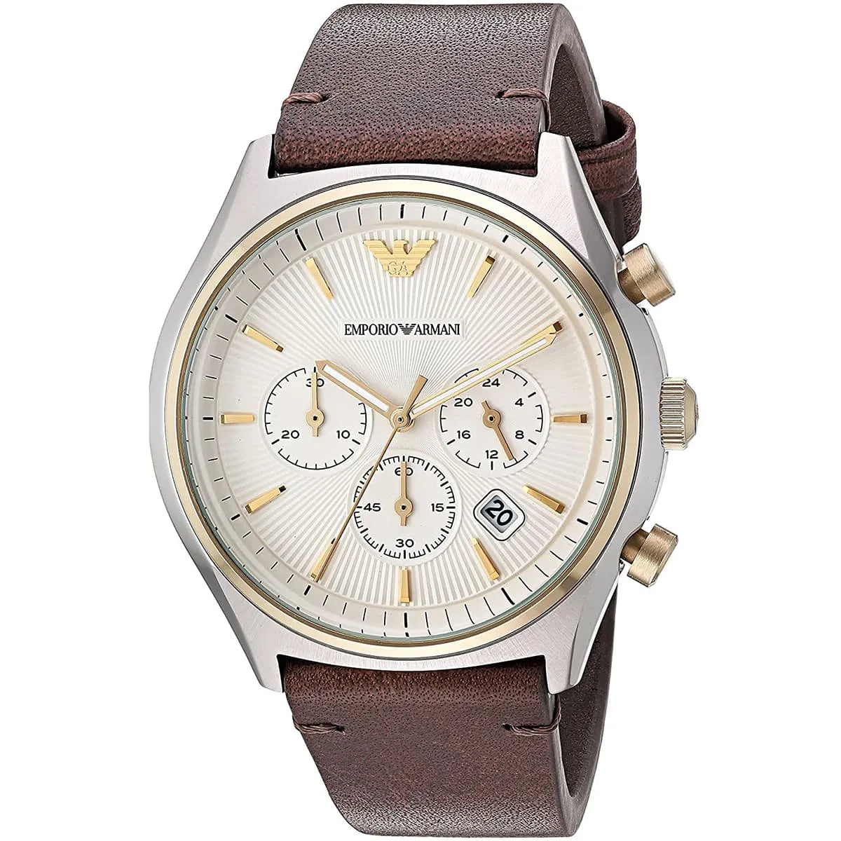 Emporio Armani AR11033 three-subdial chronograph with silver and gold case details