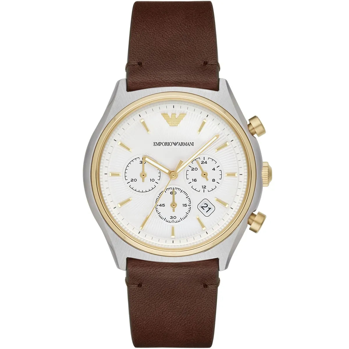 Emporio Armani AR11033 chronograph watch with white dial, brown leather strap, and two-tone case