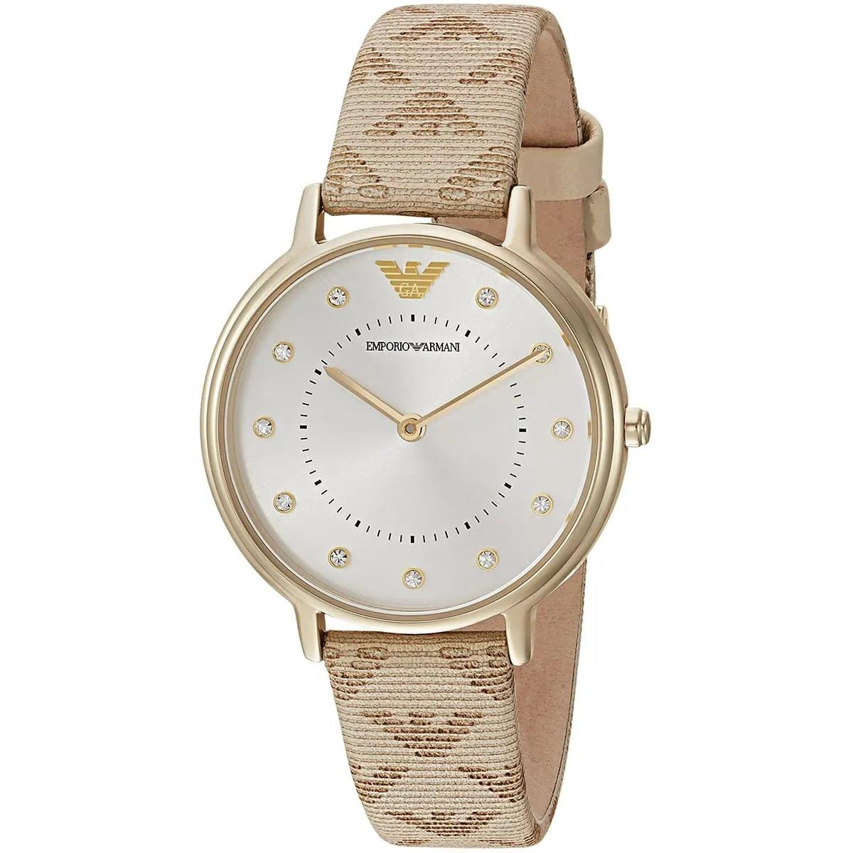 Emporio Armani AR11042 women's watch with silver dial, gold case, and beige leather strap