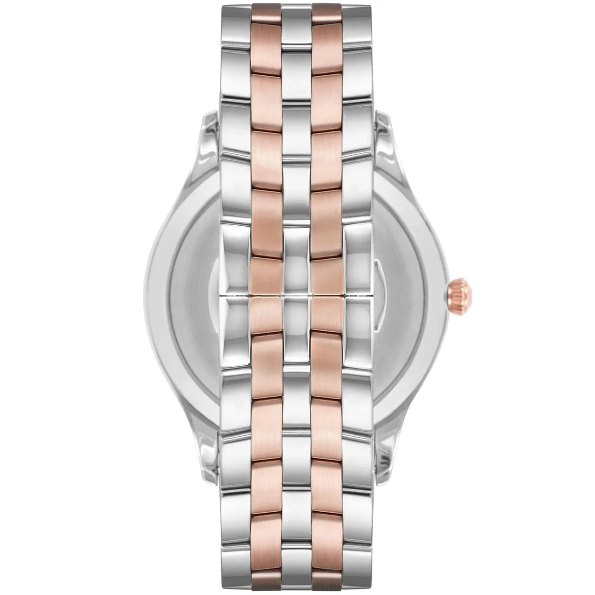 AR11044 watch displayed from angled view showing two-tone stainless steel and rose gold bracelet