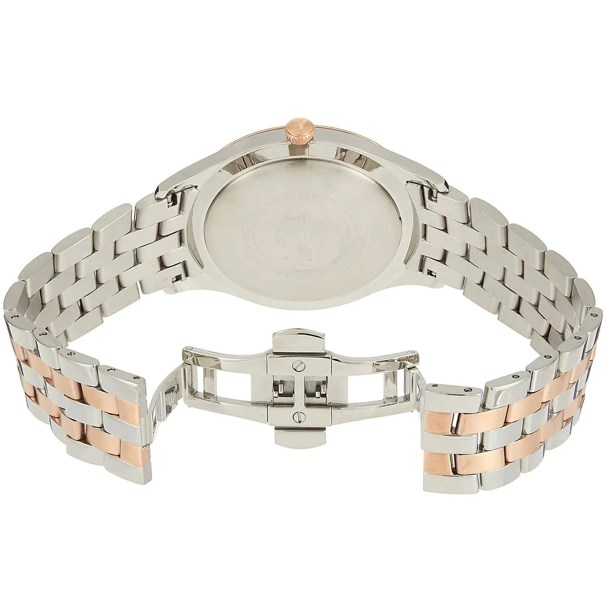 Caseback view of AR11044 Emporio Armani watch showing stainless steel and rose gold bracelet